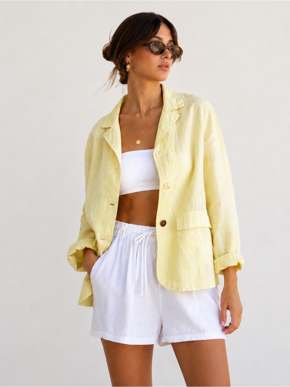 FLAX 100% Linen Yellow Blazer Jacket | Boxy Relaxed Fit | Size L